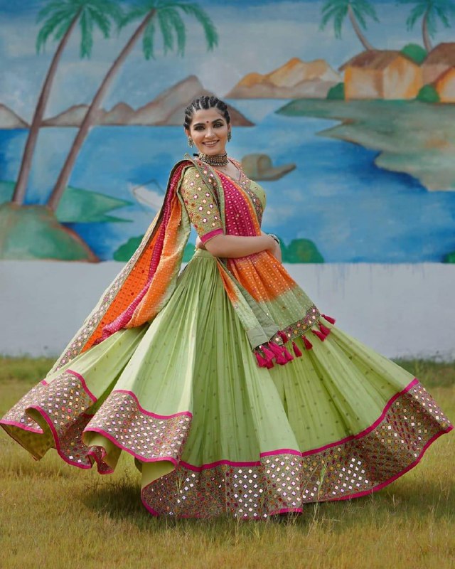 GREEN COLOR  LEHENGA CHOLI  REAL MIRROR WORK WITH DUPATTA