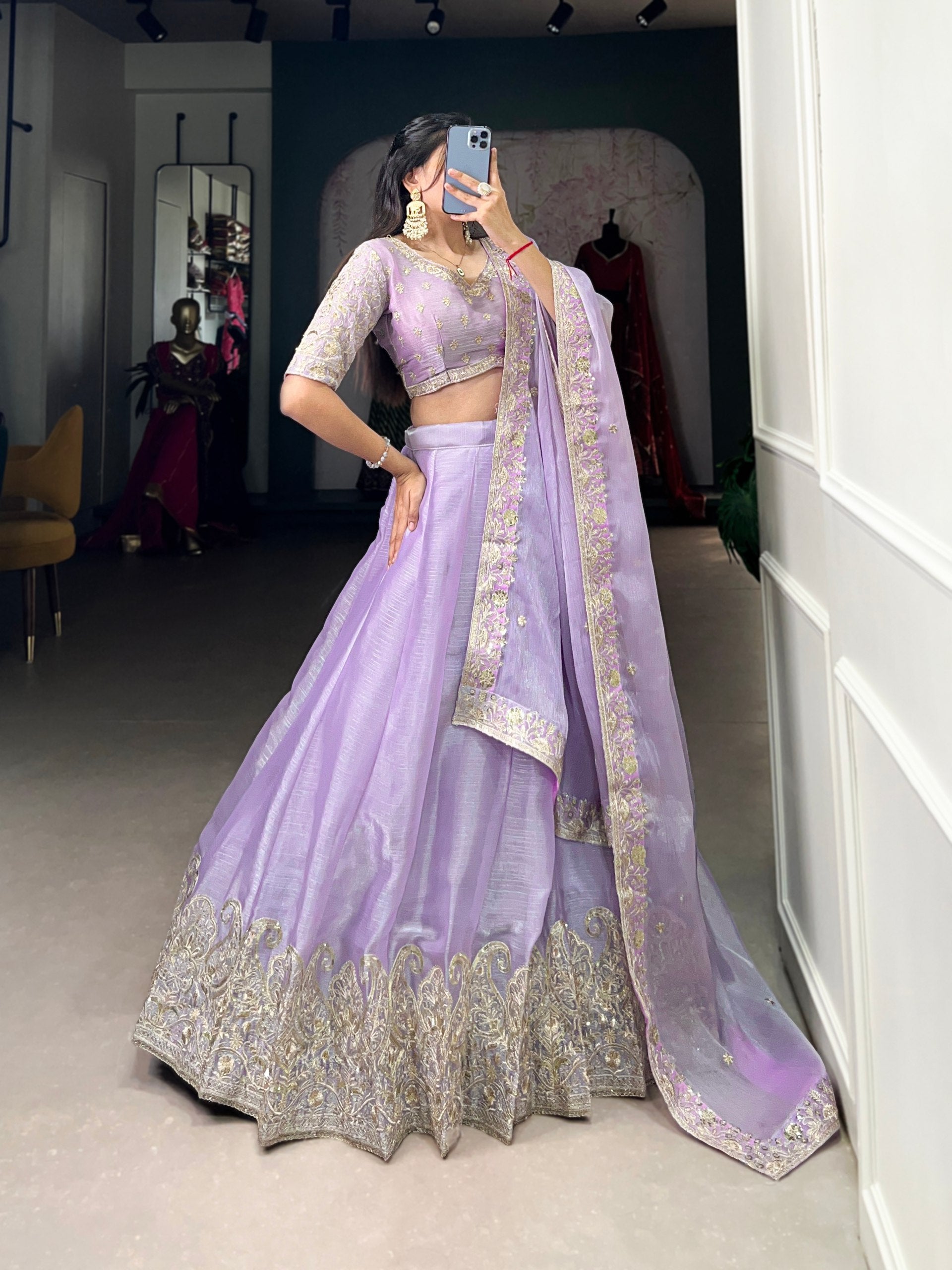 SHIVALI SEQUINS EMBROIDERY WORK BURBERRY SILK LEHENGA CHOLI