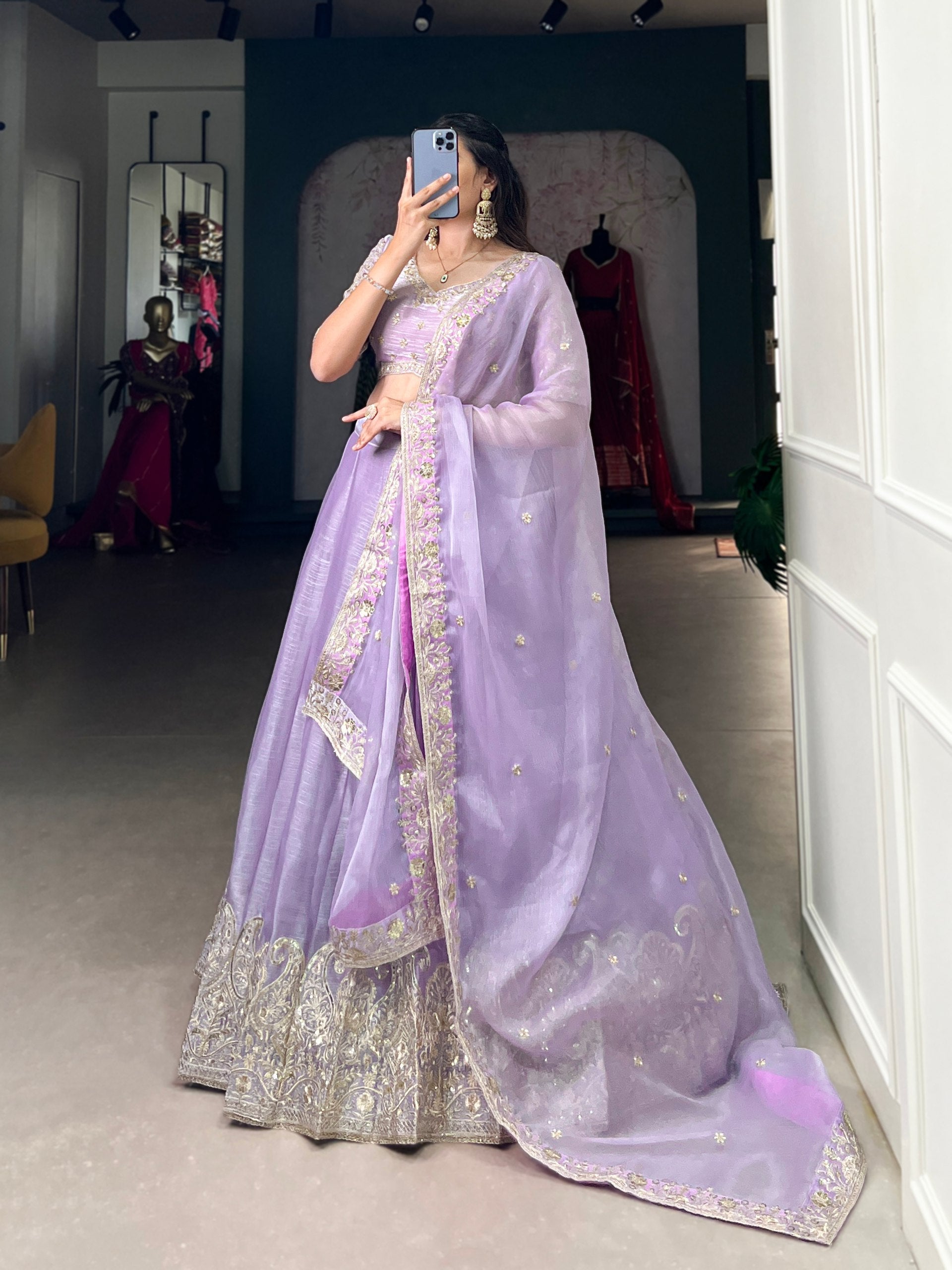 SHIVALI SEQUINS EMBROIDERY WORK BURBERRY SILK LEHENGA CHOLI