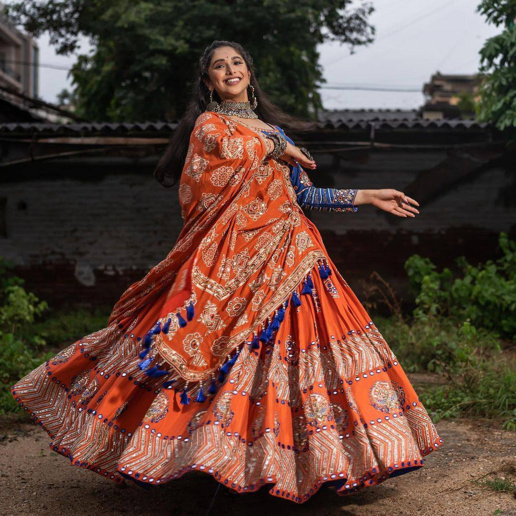 Rangrez Royalty Orange Mirror Embroidered Lehenga Choli for Navratri
