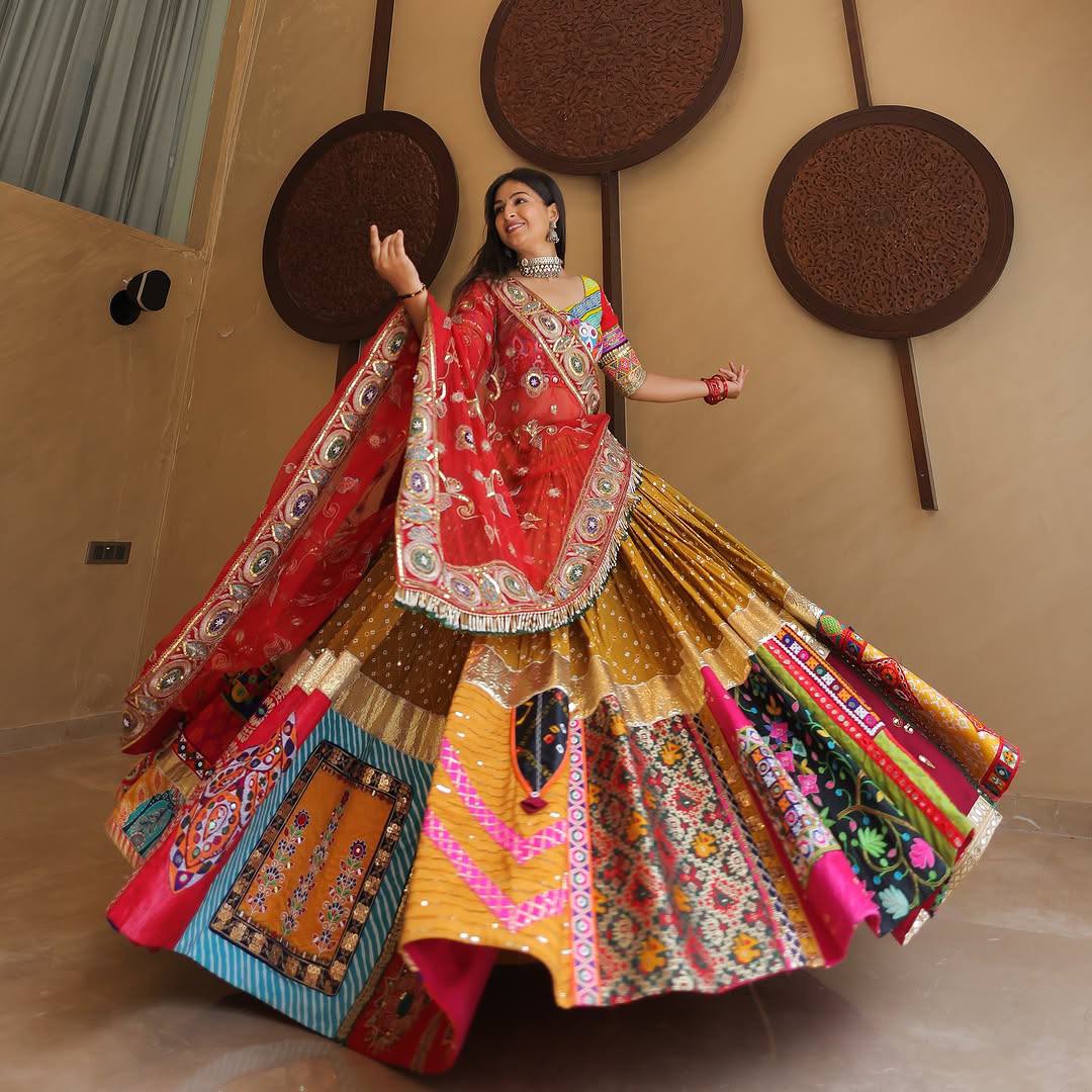 Golden Glow & Bandhani Breeze Traditional Patchwork Navratri Lehenga Set