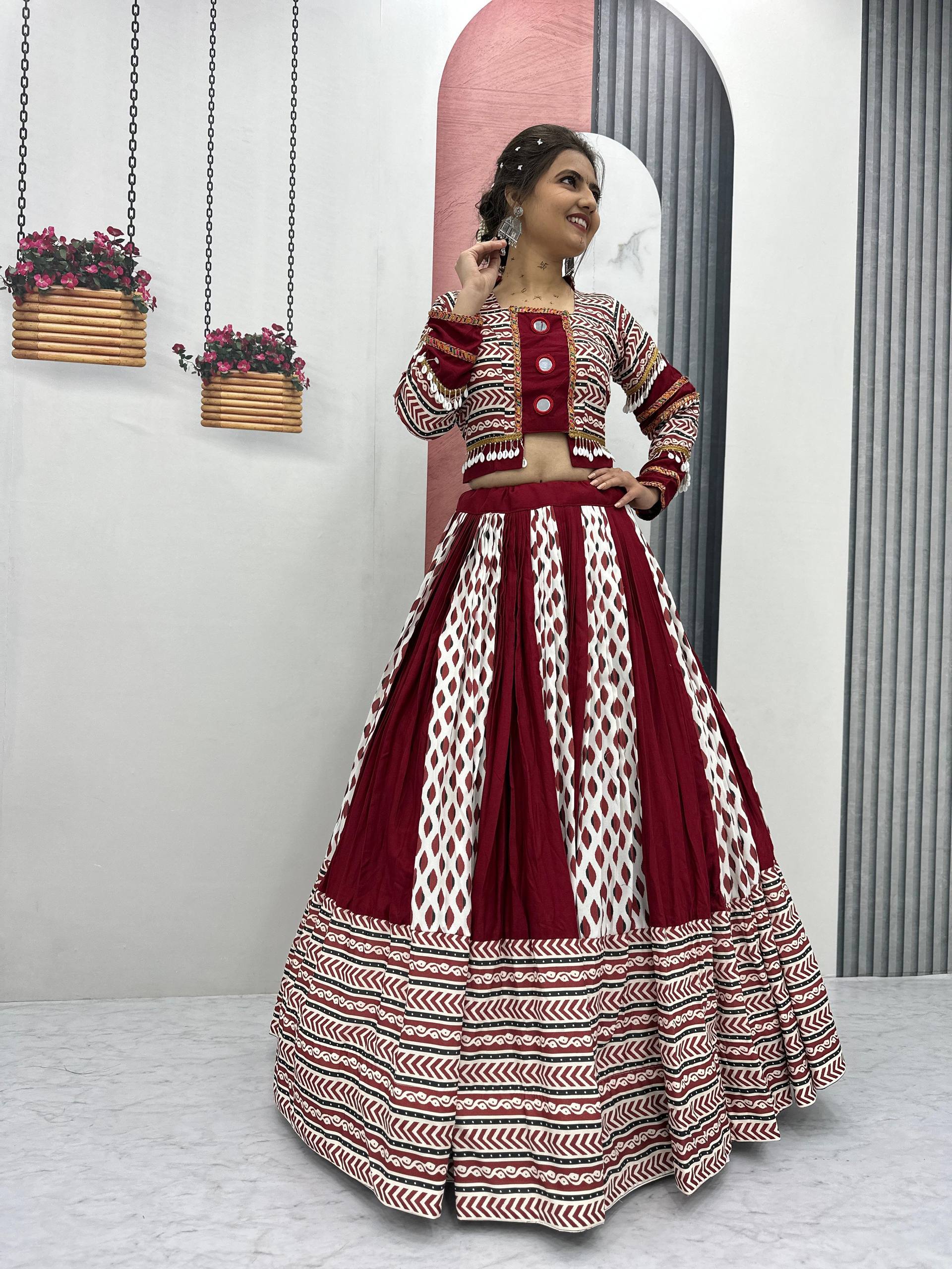 Raas Nikhaar Maroon & White Printed Navratri Lehenga Set
