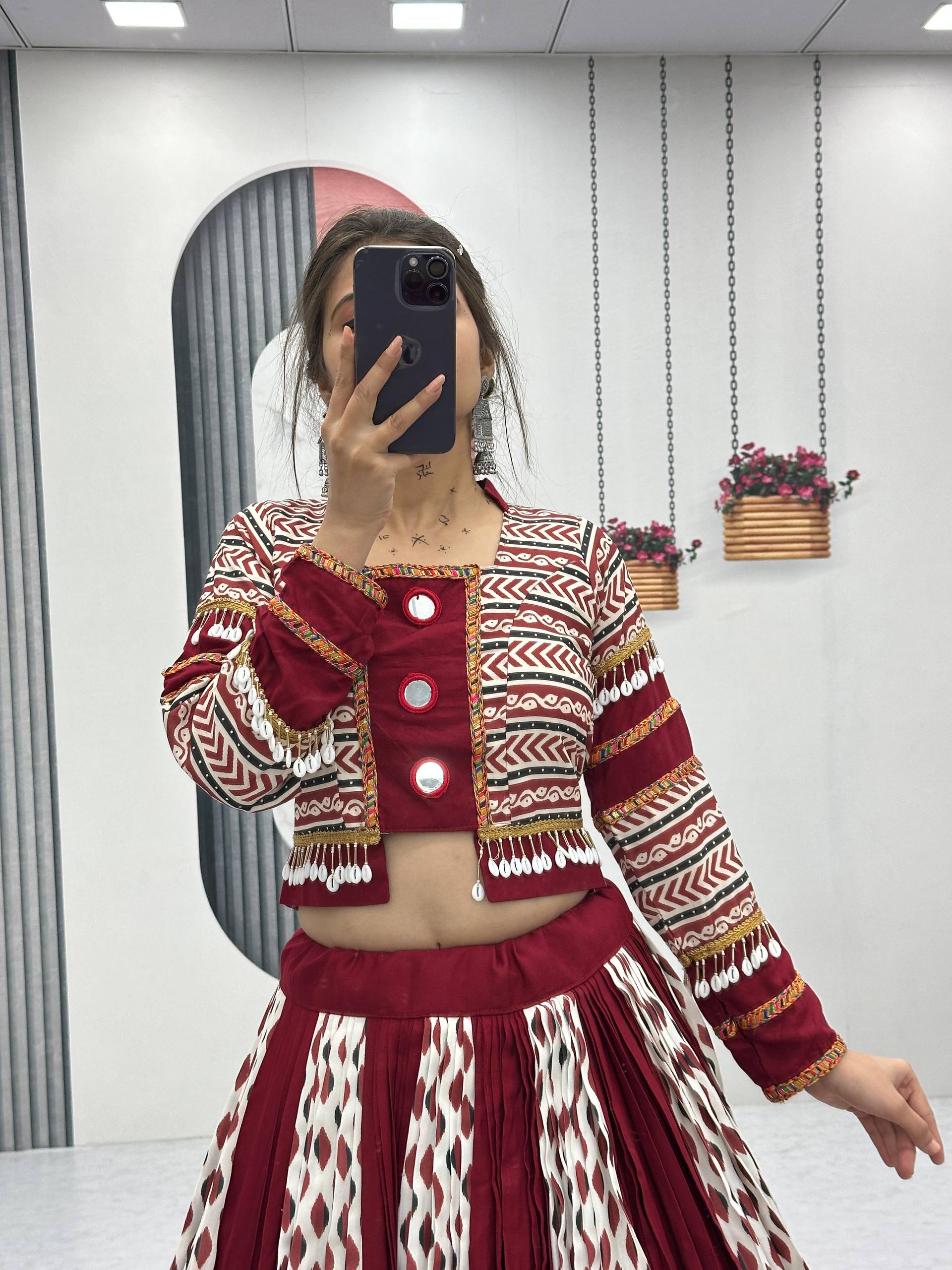 Raas Nikhaar Maroon & White Printed Navratri Lehenga Set