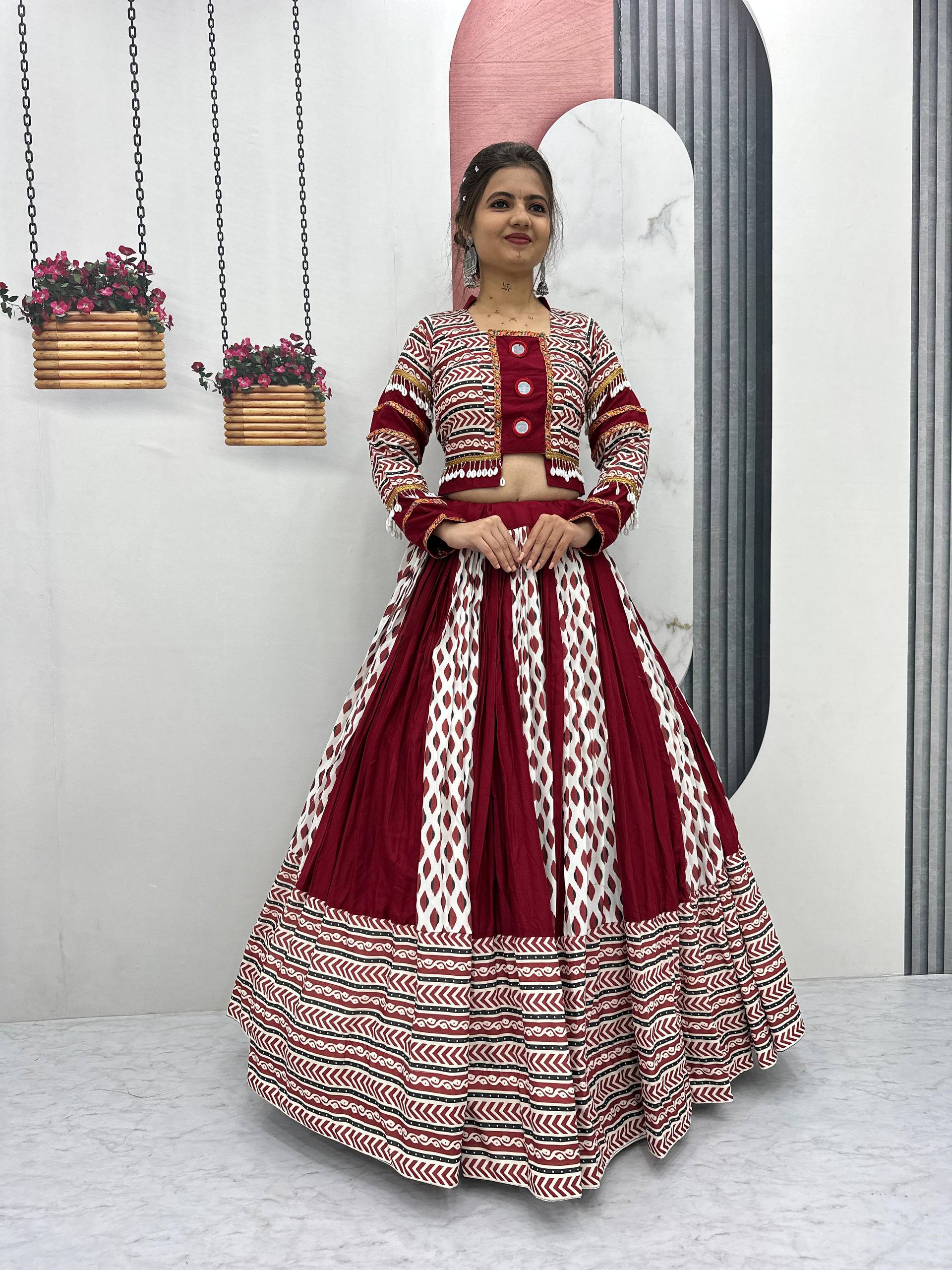 Raas Nikhaar Maroon & White Printed Navratri Lehenga Set