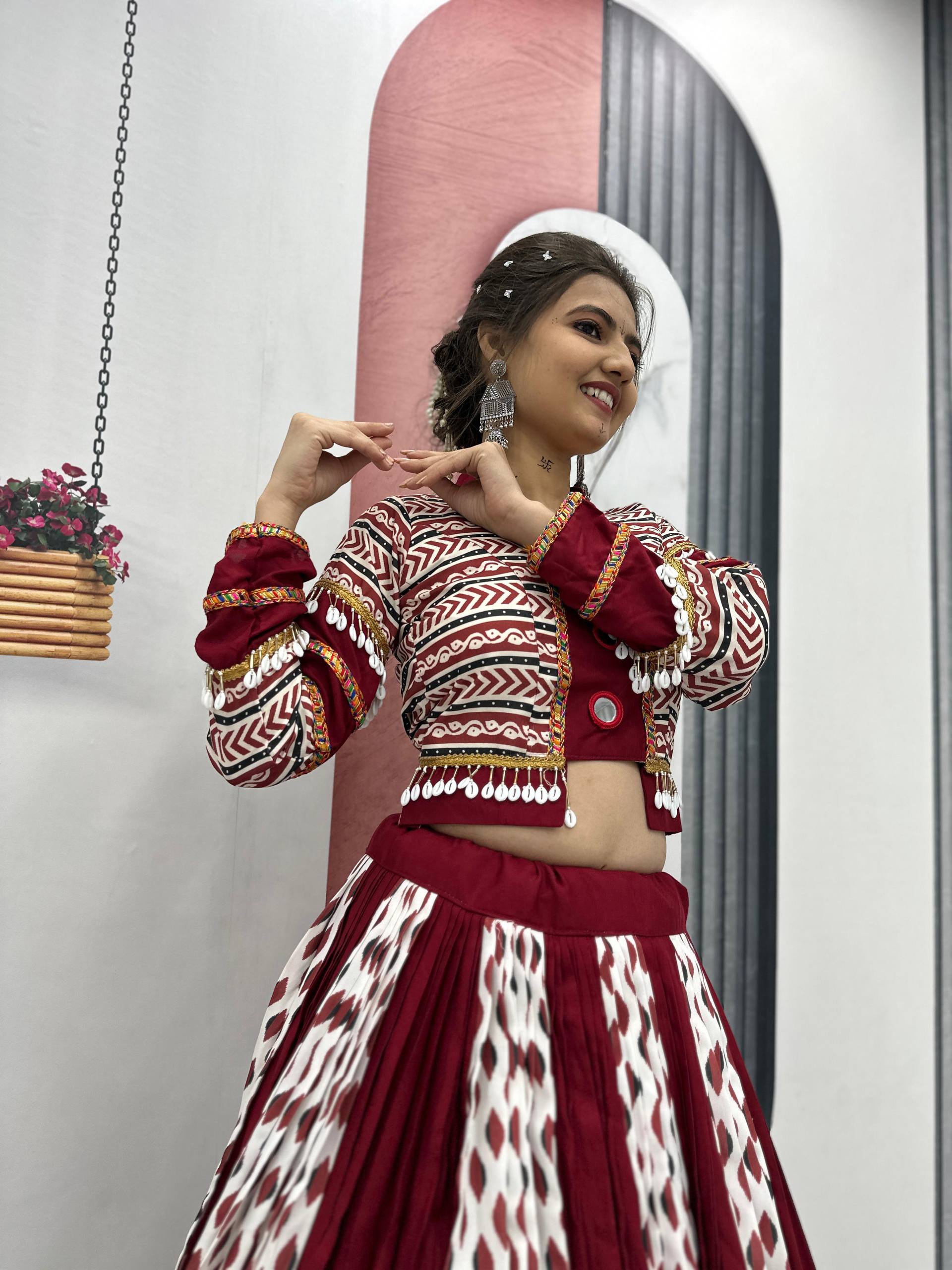 Raas Nikhaar Maroon & White Printed Navratri Lehenga Set