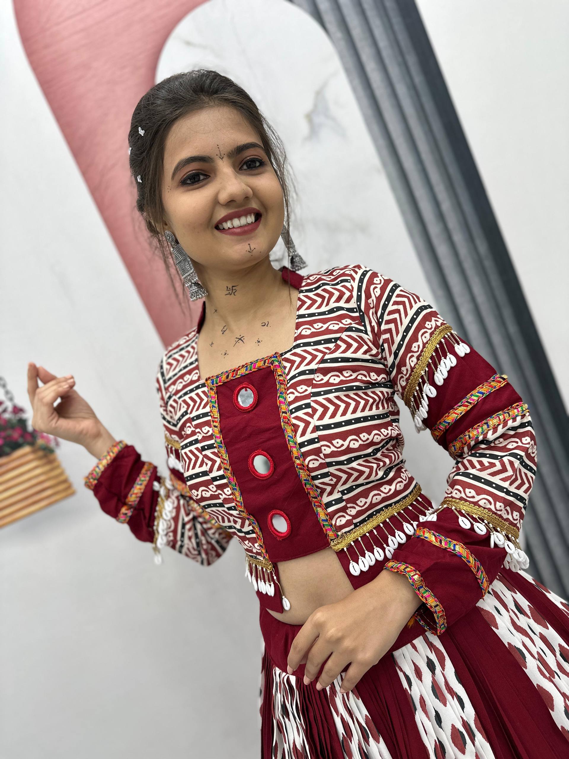 Raas Nikhaar Maroon & White Printed Navratri Lehenga Set