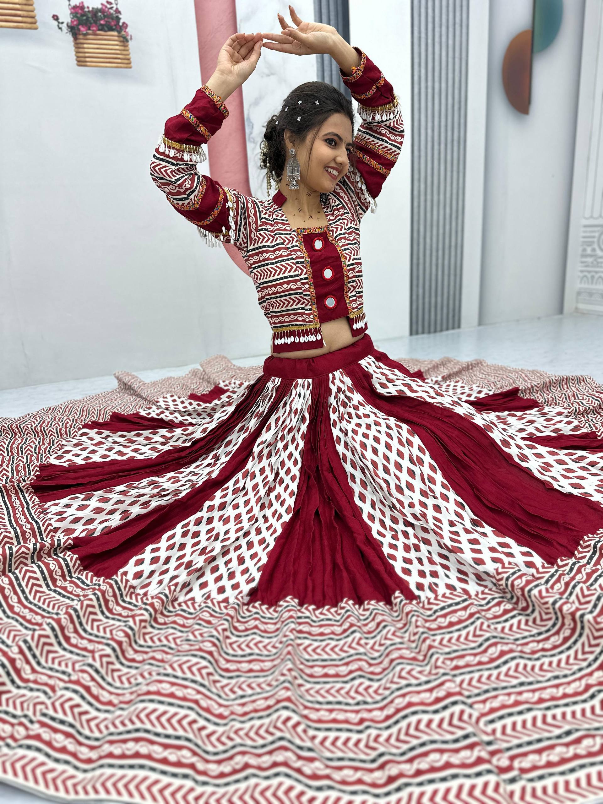 Raas Nikhaar Maroon & White Printed Navratri Lehenga Set