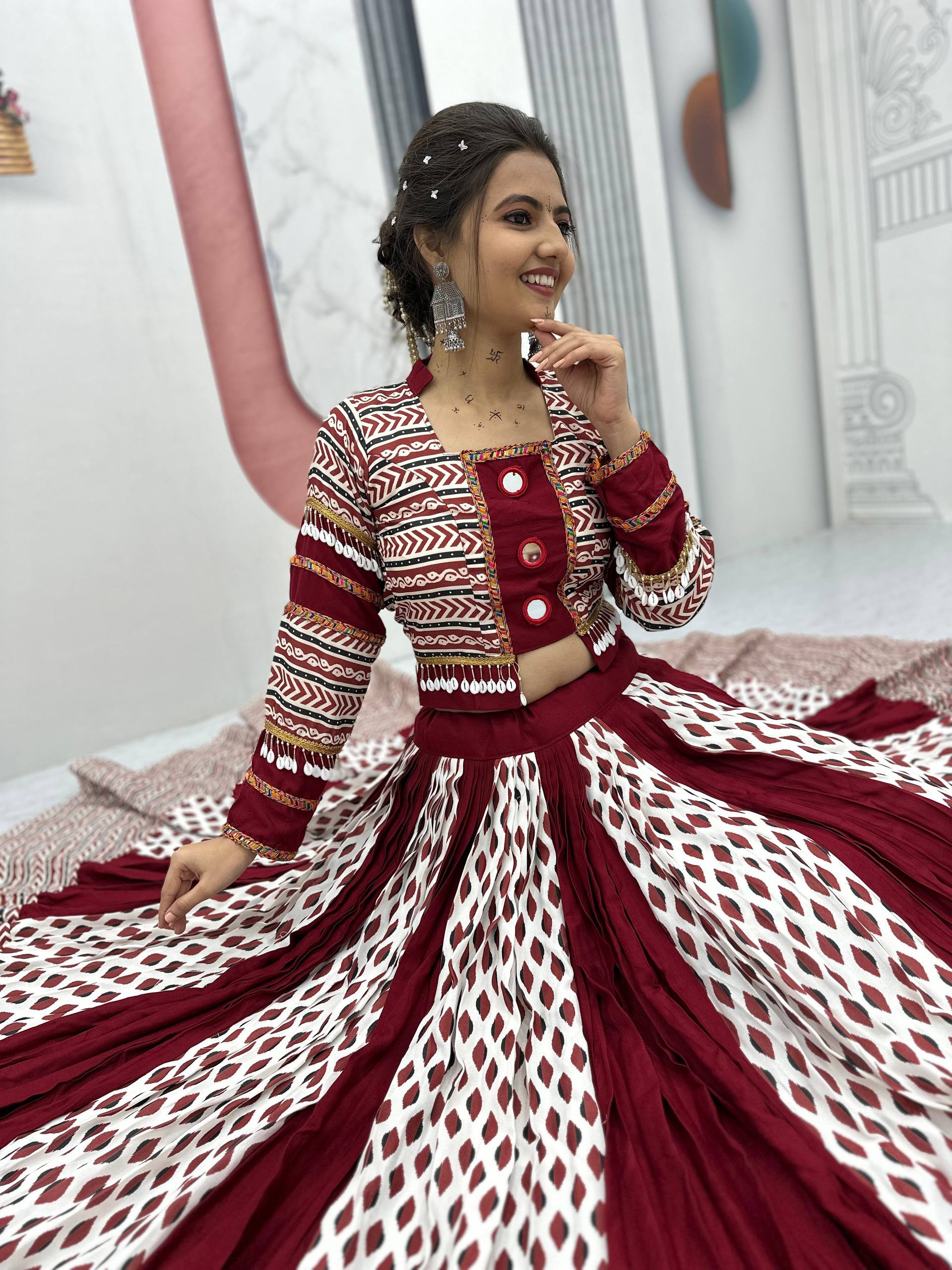 Raas Nikhaar Maroon & White Printed Navratri Lehenga Set
