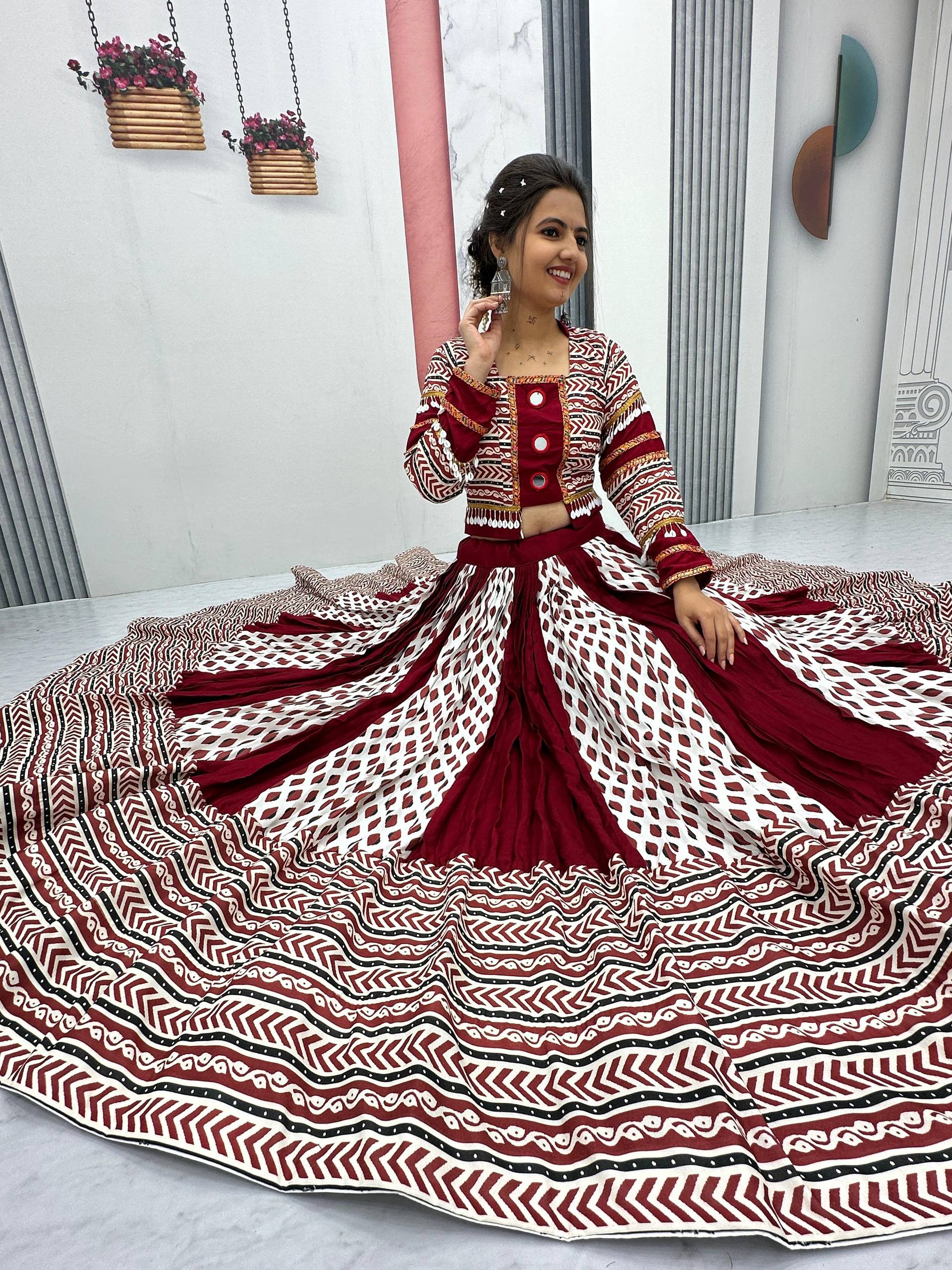 Raas Nikhaar Maroon & White Printed Navratri Lehenga Set