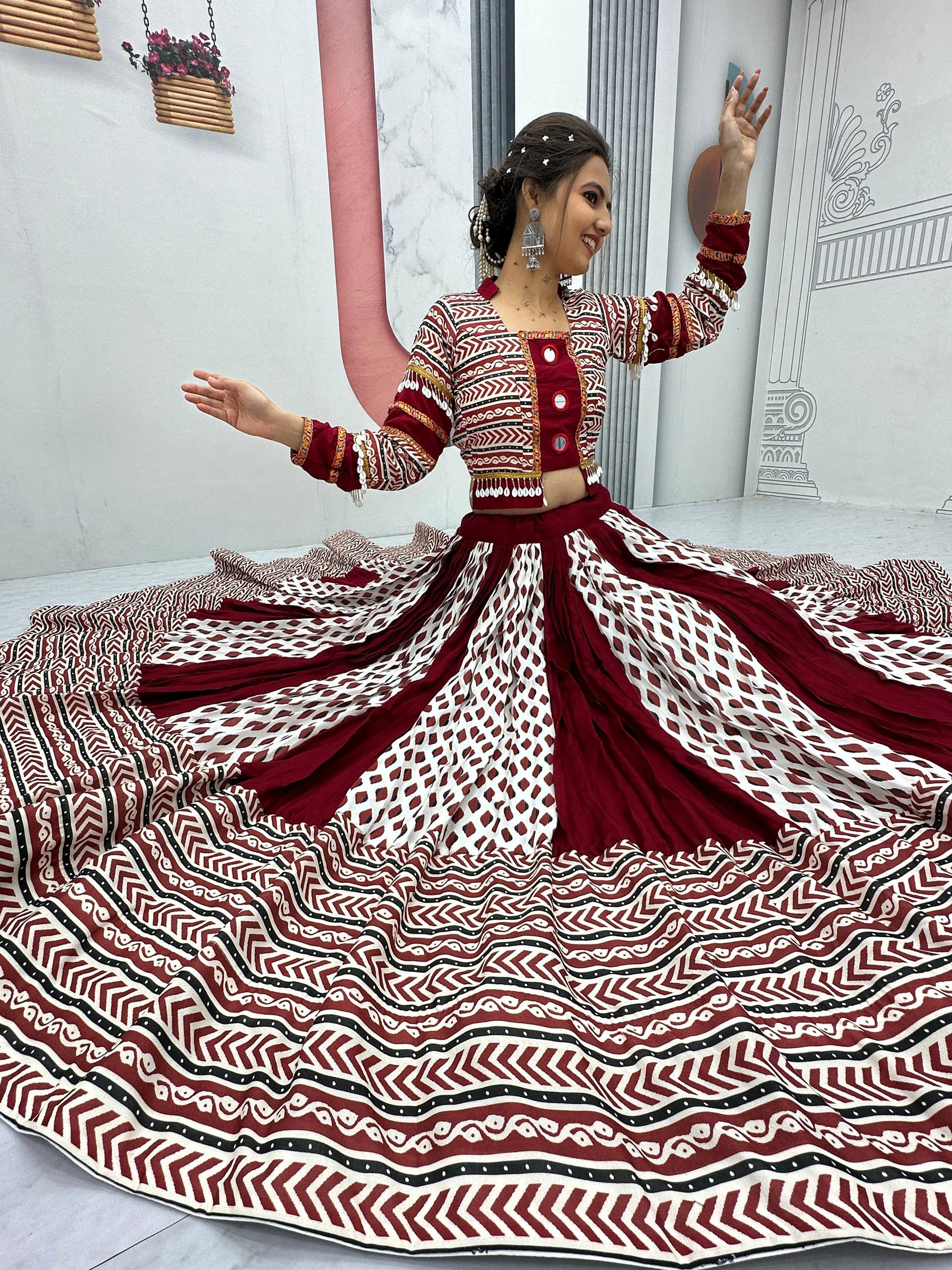 Raas Nikhaar Maroon & White Printed Navratri Lehenga Set