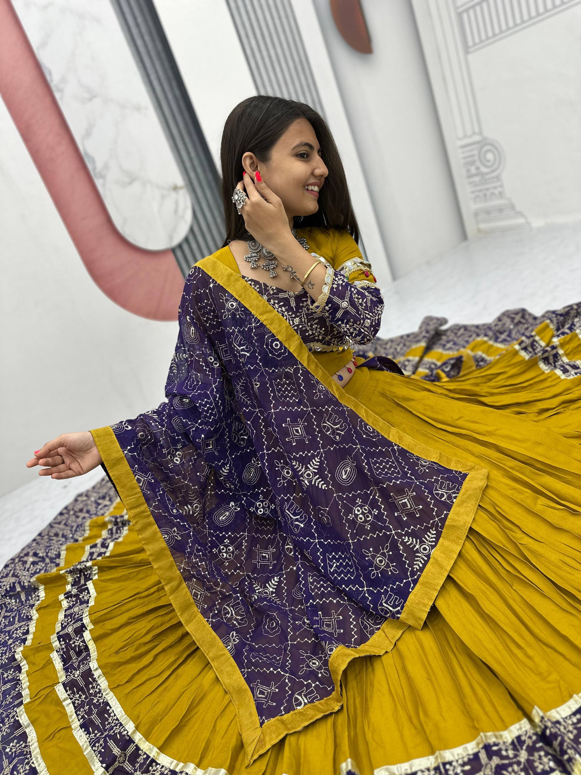 Gulban Mustard Kalidar Lehenga with Bandhani Blouse & Dupatta