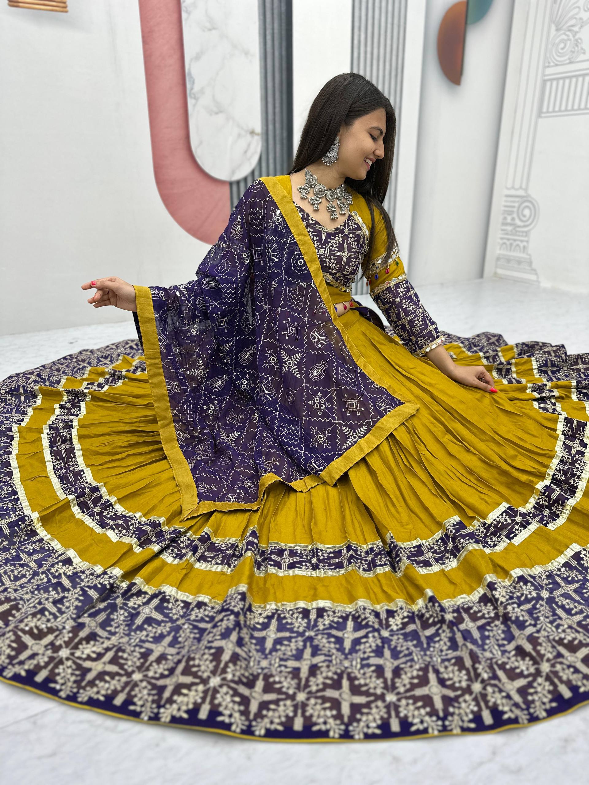 Gulban Mustard Kalidar Lehenga with Bandhani Blouse & Dupatta