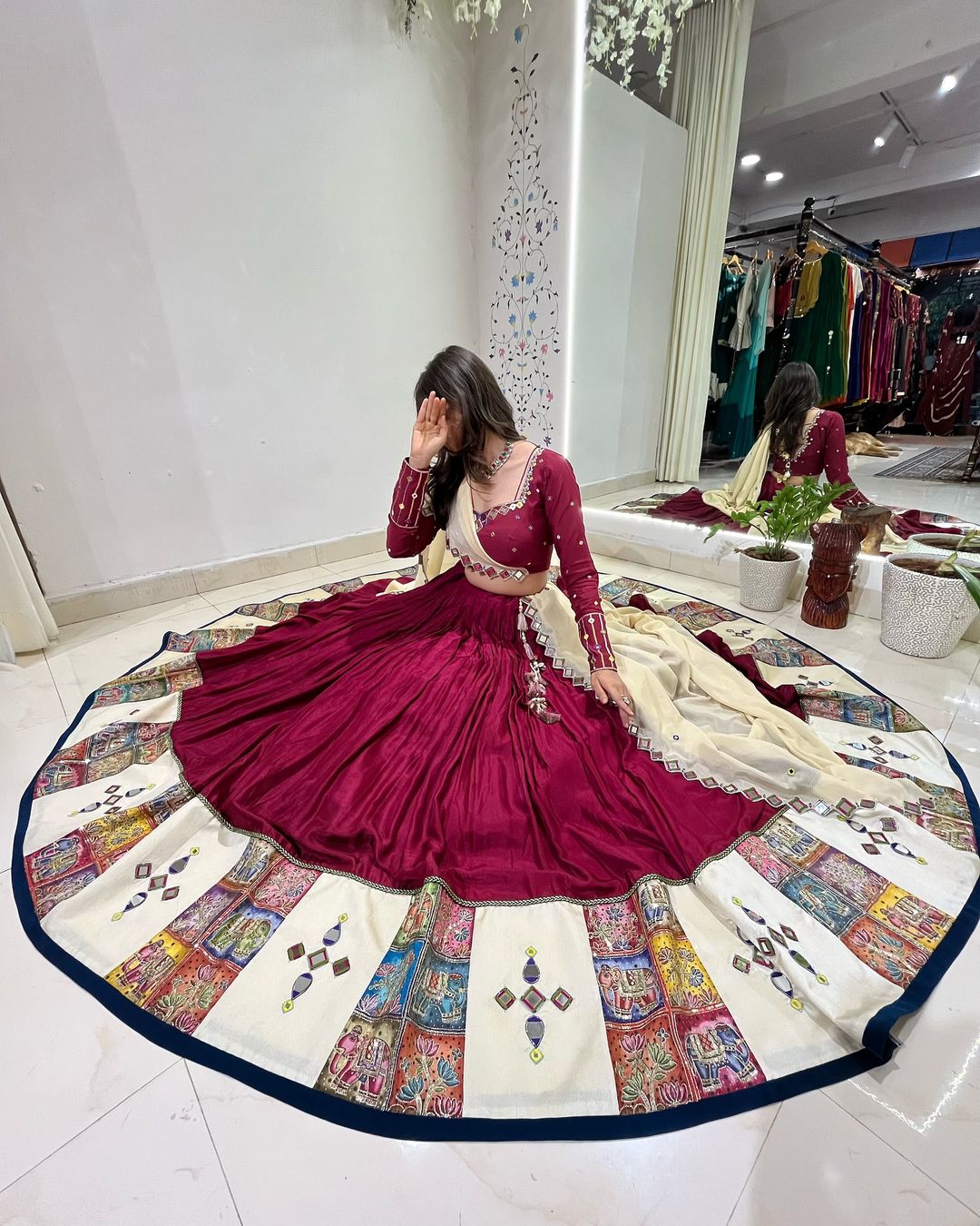 Kavya Maroon Handcrafted Choli with Real Mirror Work Lehenga