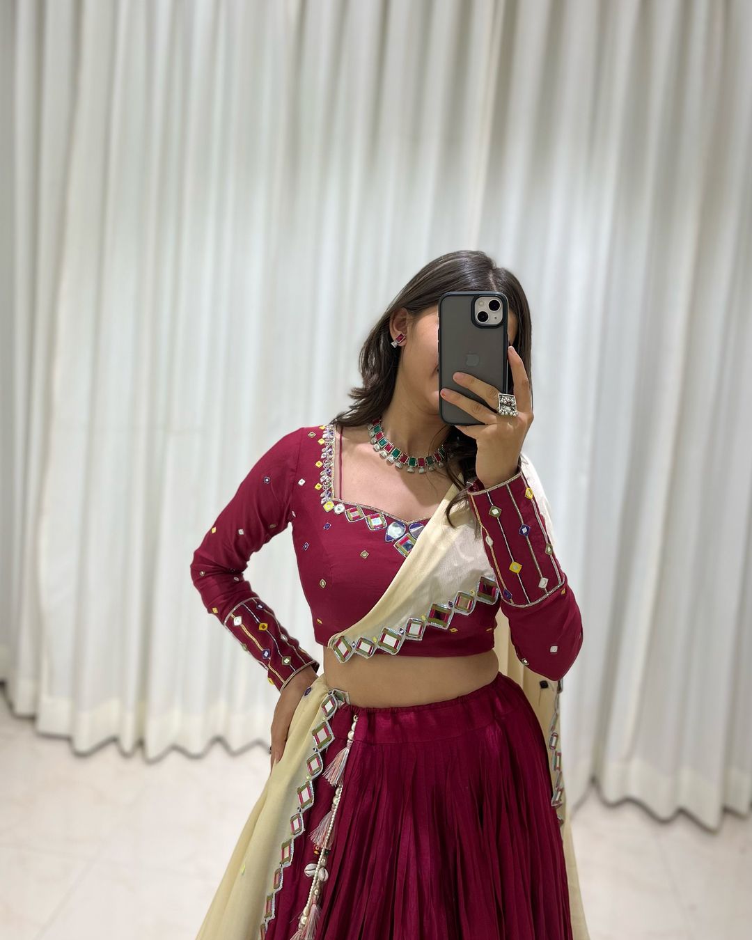 Kavya Maroon Handcrafted Choli with Real Mirror Work Lehenga