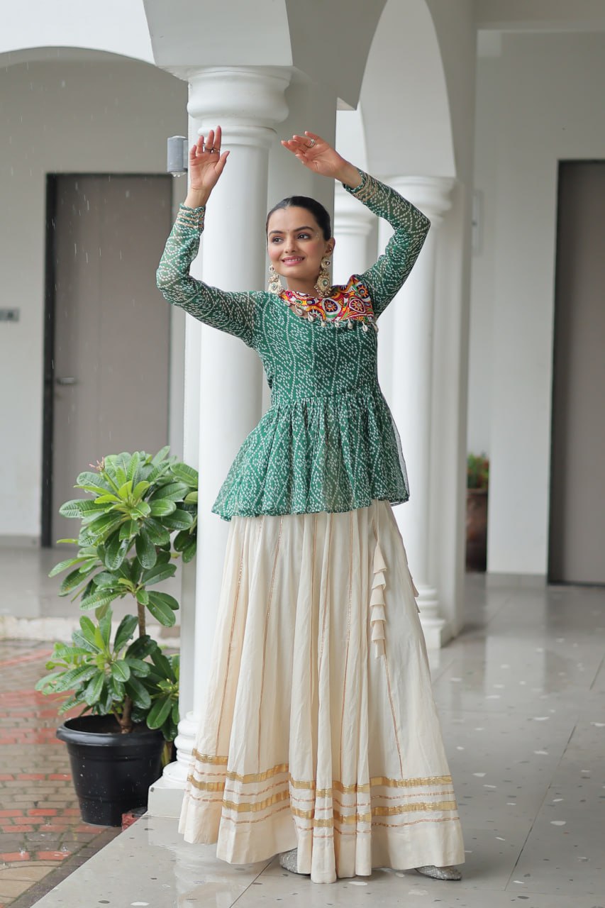Festive Grace Mirror-Work Peplum Top with Cream Flared Lehenga