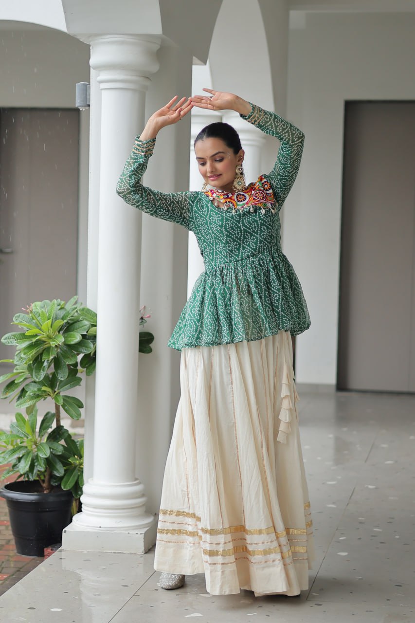 Festive Grace Mirror-Work Peplum Top with Cream Flared Lehenga