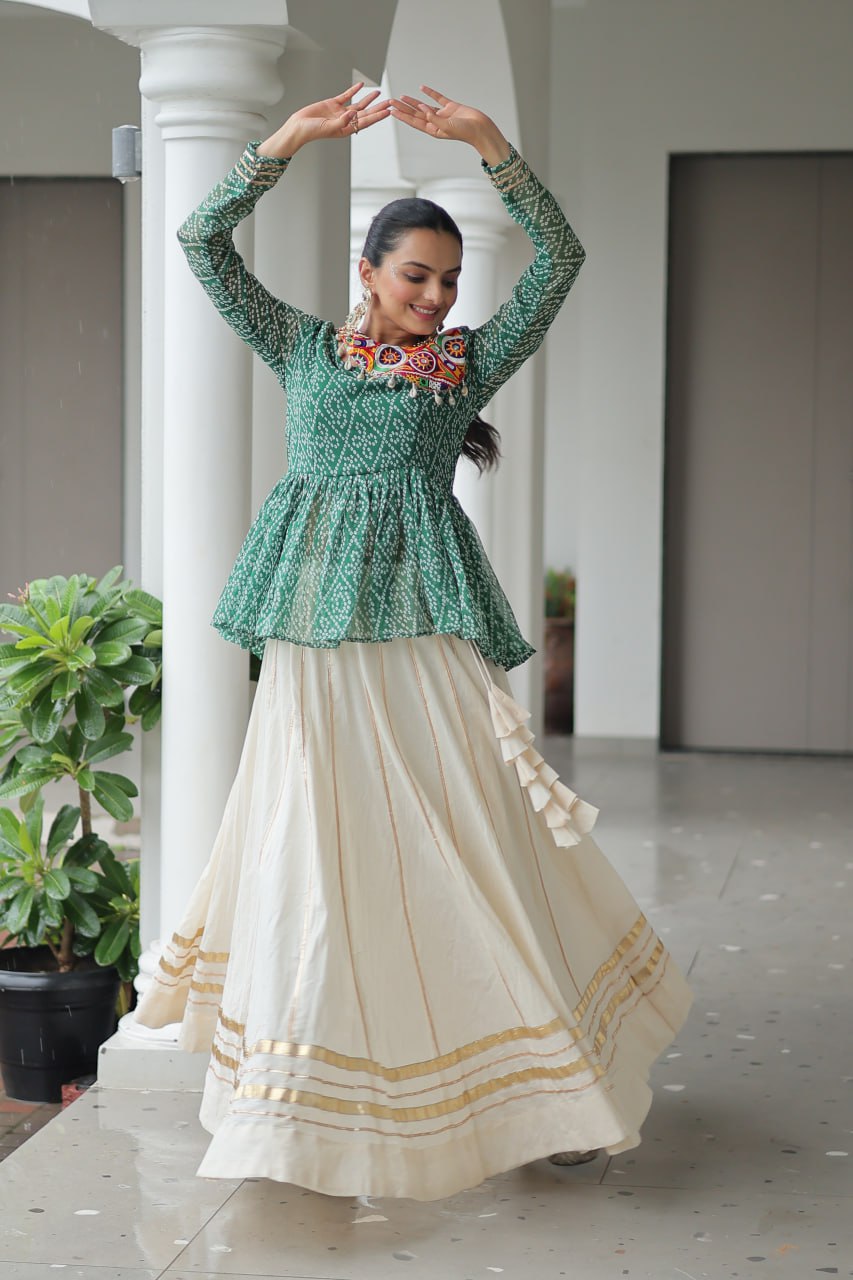 Festive Grace Mirror-Work Peplum Top with Cream Flared Lehenga