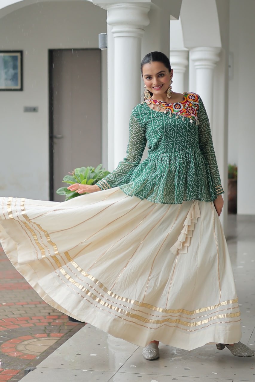 Festive Grace Mirror-Work Peplum Top with Cream Flared Lehenga