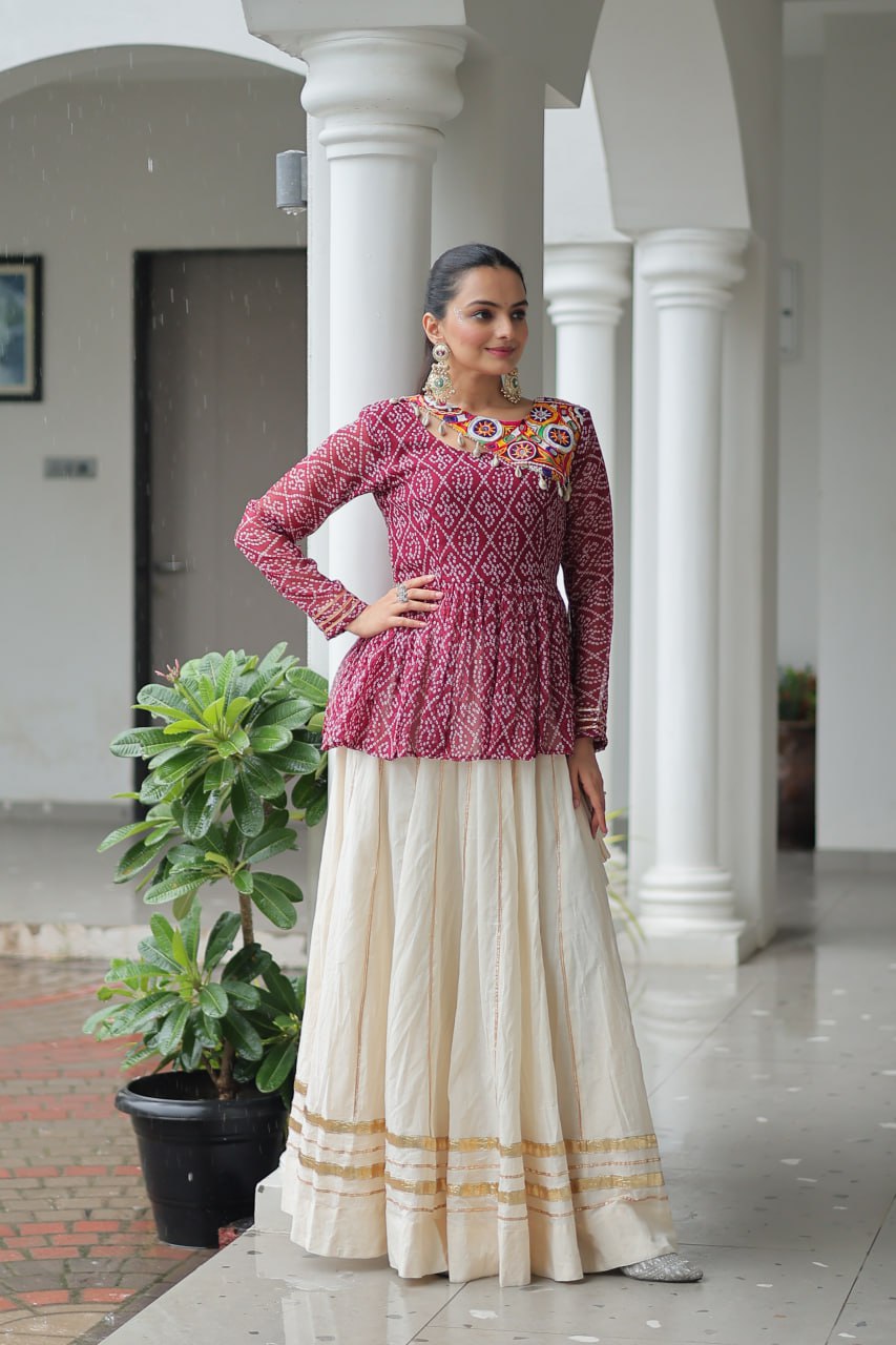 Festive Grace Mirror-Work Peplum Top with Cream Flared Lehenga