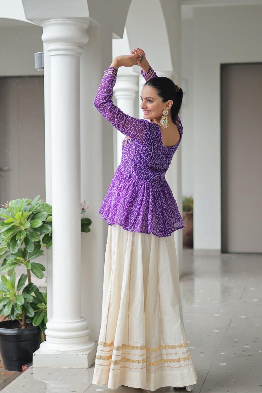 Festive Grace Mirror-Work Peplum Top with Cream Flared Lehenga
