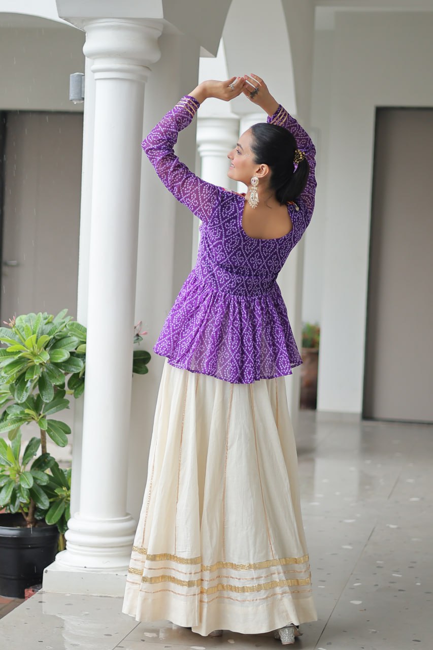 Festive Grace Mirror-Work Peplum Top with Cream Flared Lehenga