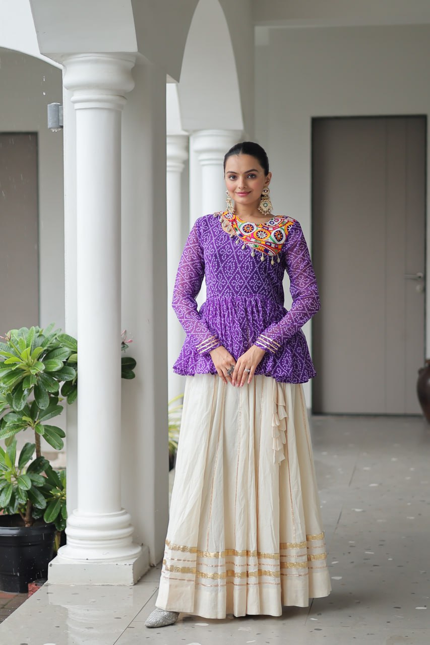Festive Grace Mirror-Work Peplum Top with Cream Flared Lehenga