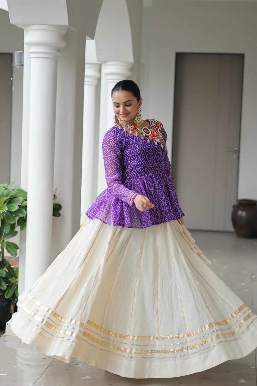 Festive Grace Mirror-Work Peplum Top with Cream Flared Lehenga