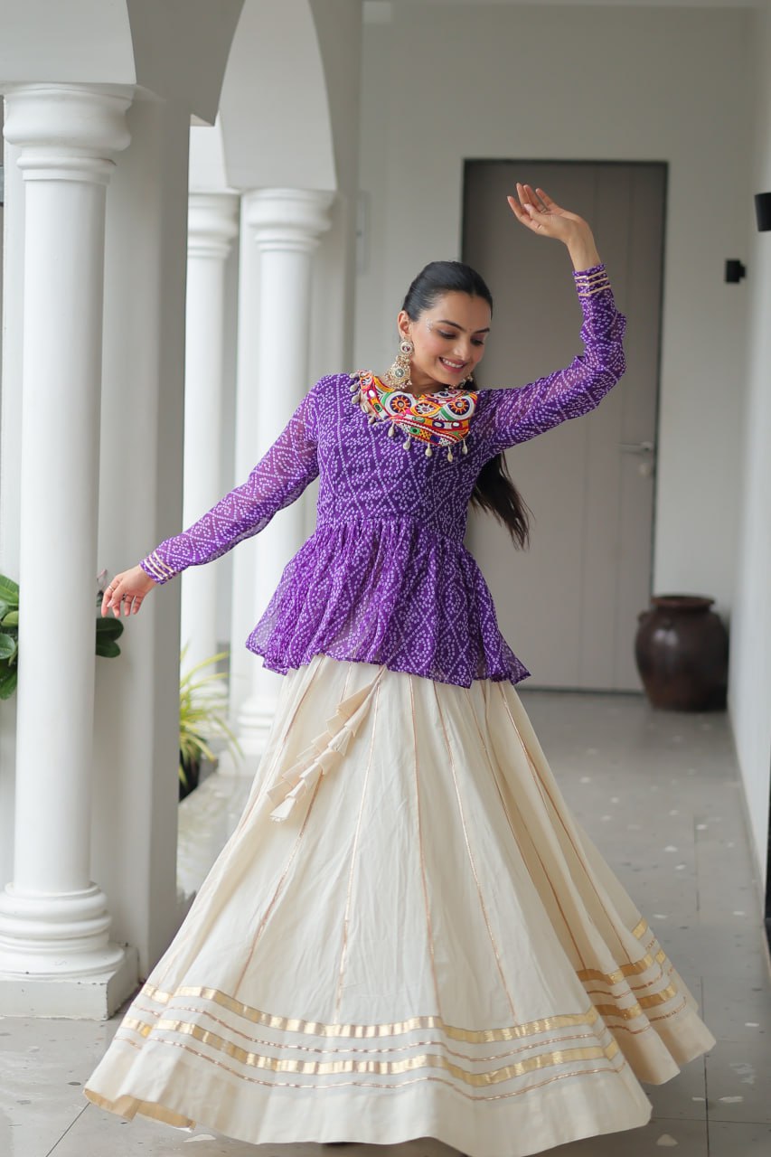 Festive Grace Mirror-Work Peplum Top with Cream Flared Lehenga