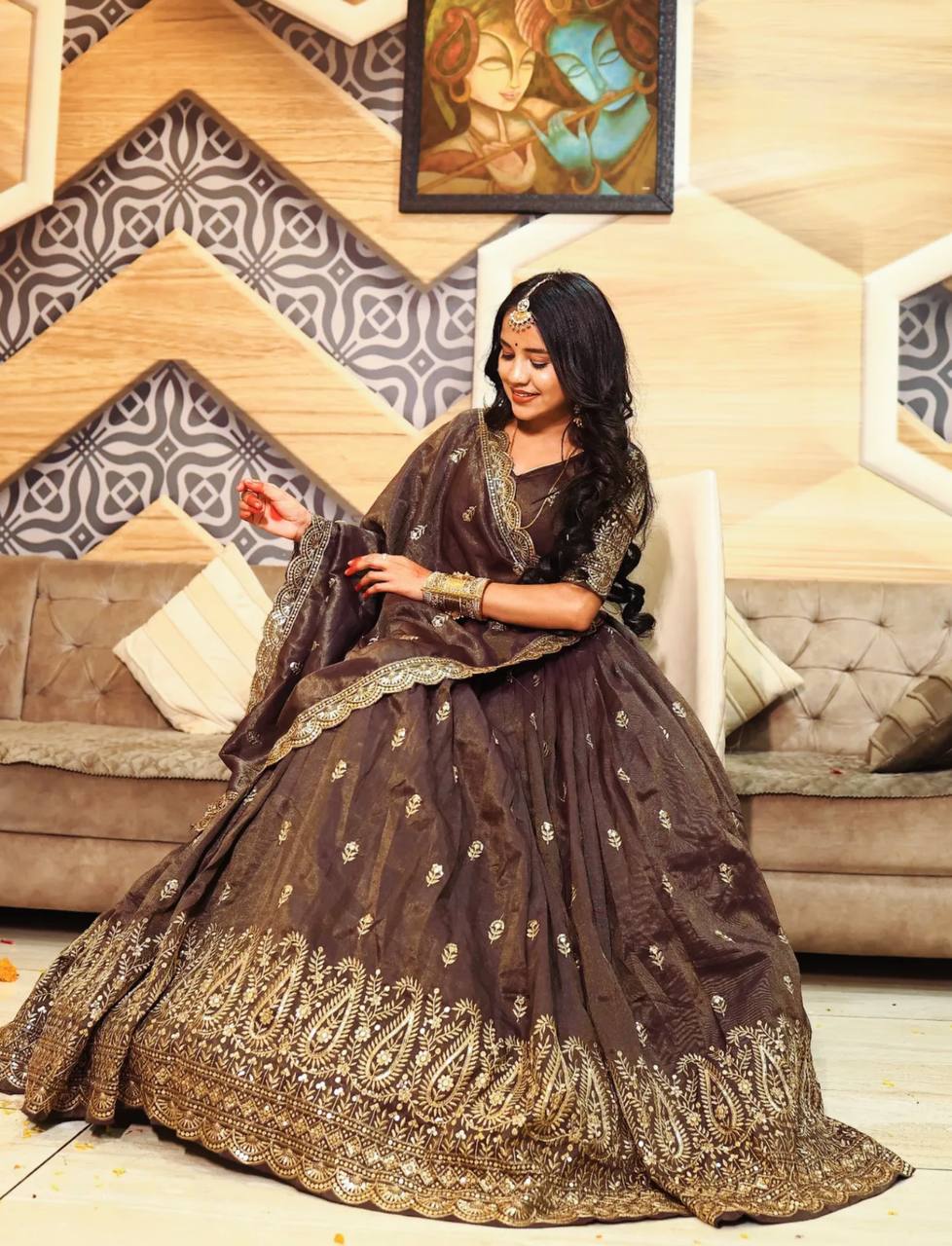 Golden Grace in Chocolate Hues – Designer Lehenga Choli
