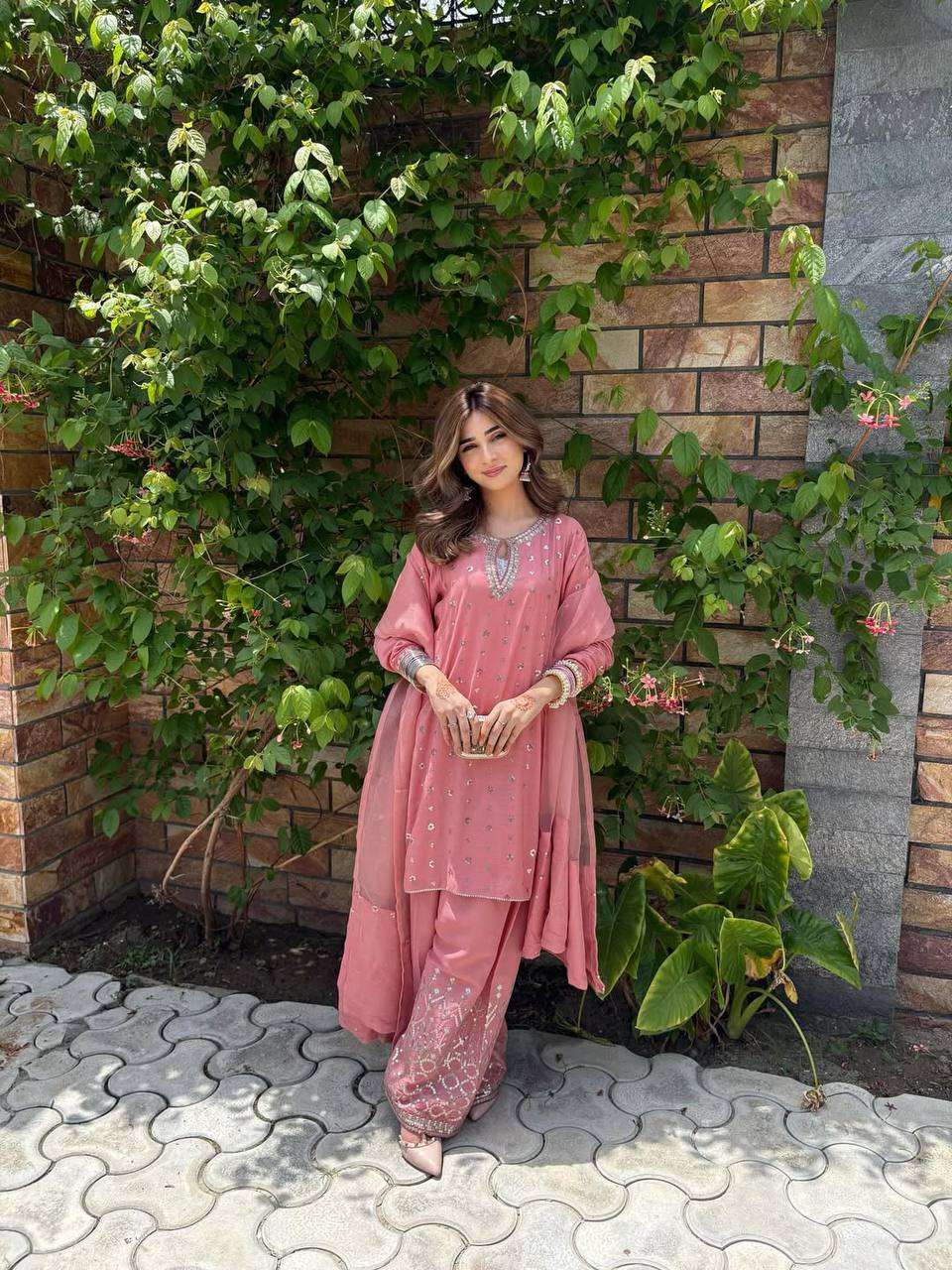 Aaria Blush Pink  Chinnon Silk And Multi Needle Farshi salwar