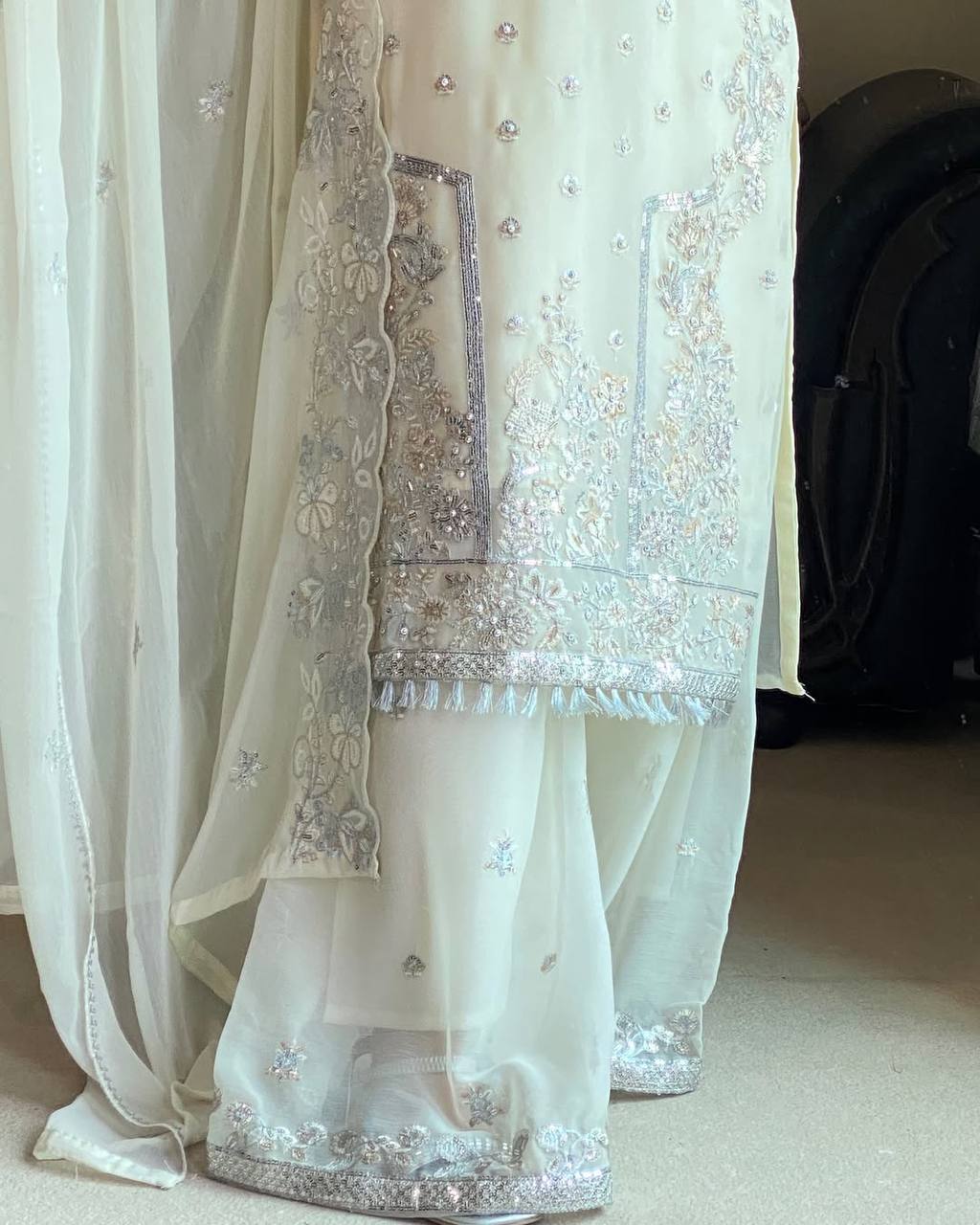 Aira White Real Hand Stone Work suit