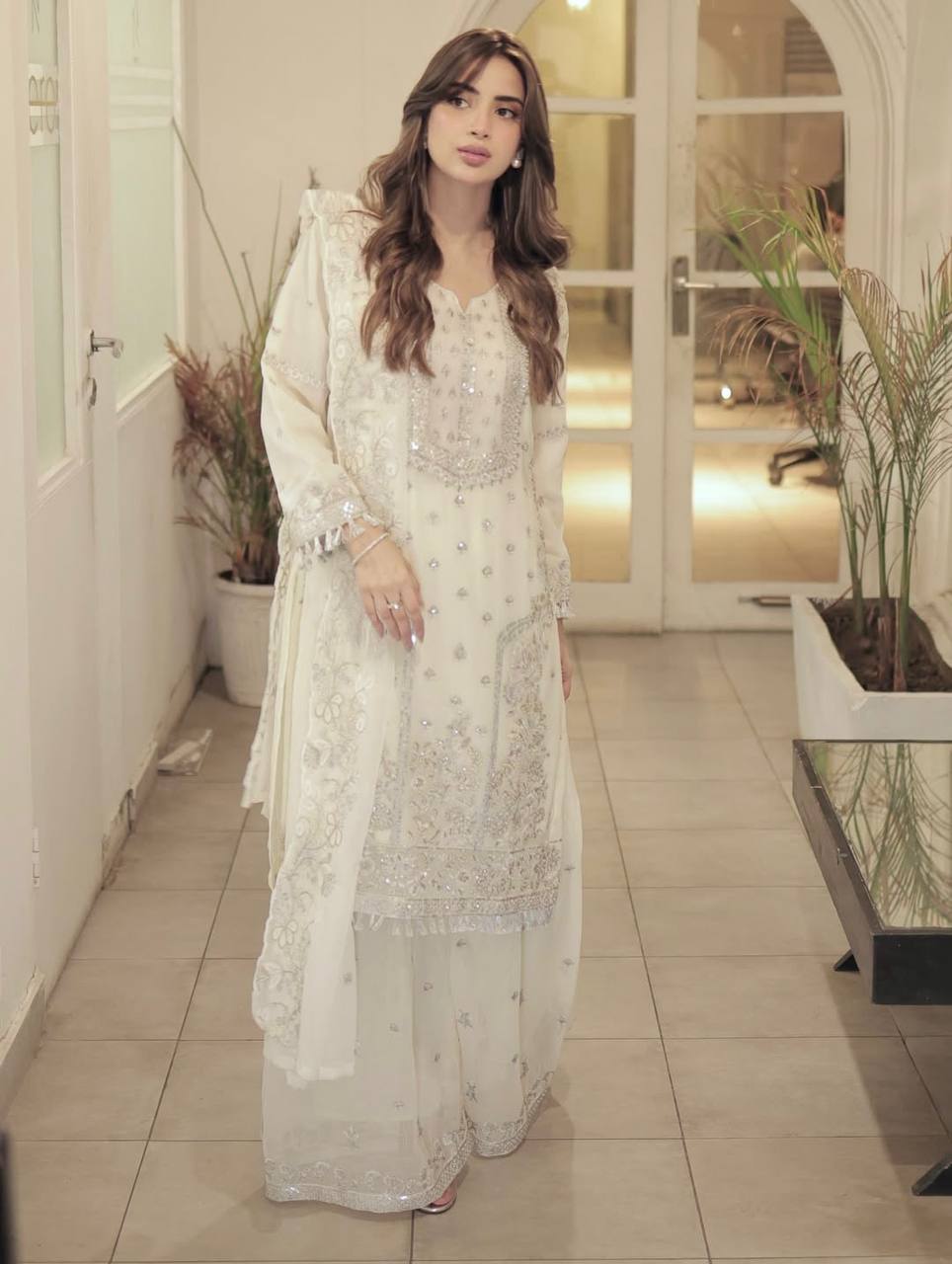 Aira White Real Hand Stone Work suit
