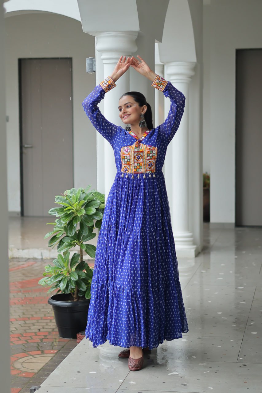 Kaleidoscope Charm: Traditional Bandhani Print Mirror Embroidery Gown