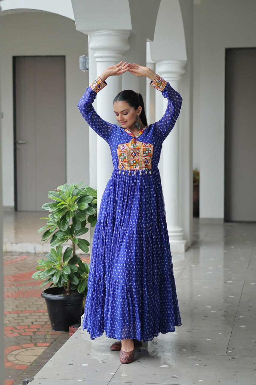 Kaleidoscope Charm: Traditional Bandhani Print Mirror Embroidery Gown