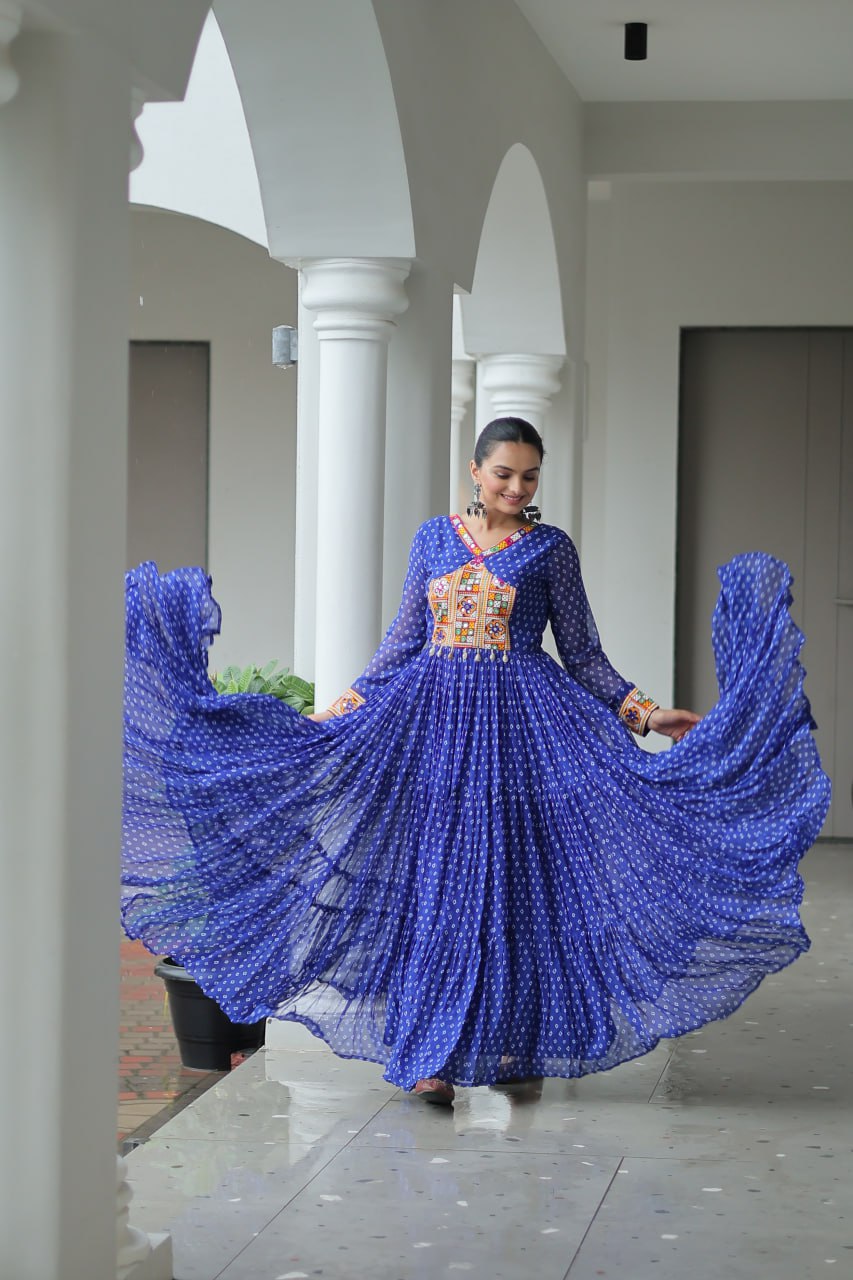 Kaleidoscope Charm: Traditional Bandhani Print Mirror Embroidery Gown