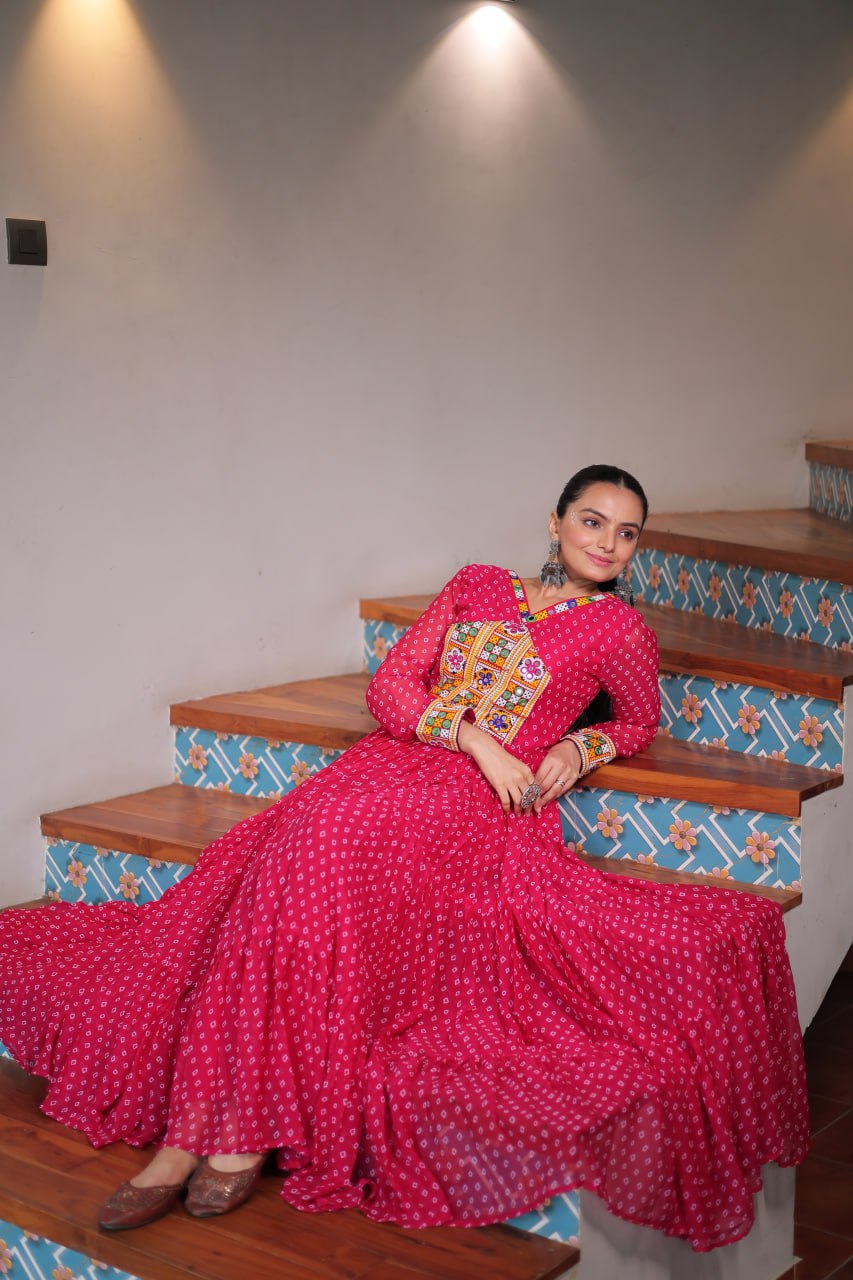 Kaleidoscope Charm: Traditional Bandhani Print Mirror Embroidery Gown