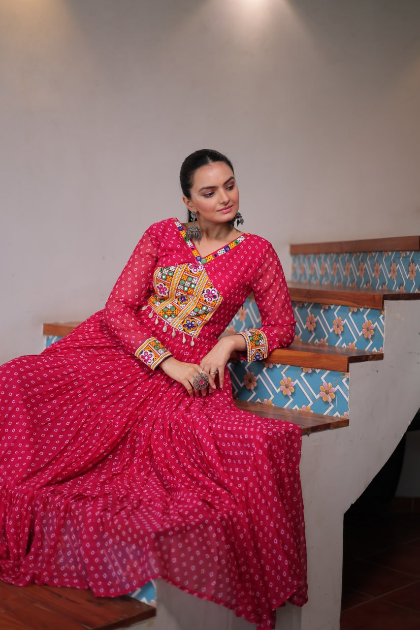 Kaleidoscope Charm: Traditional Bandhani Print Mirror Embroidery Gown