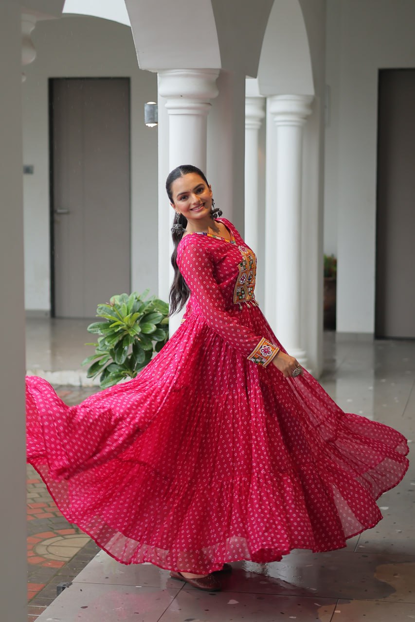 Kaleidoscope Charm: Traditional Bandhani Print Mirror Embroidery Gown