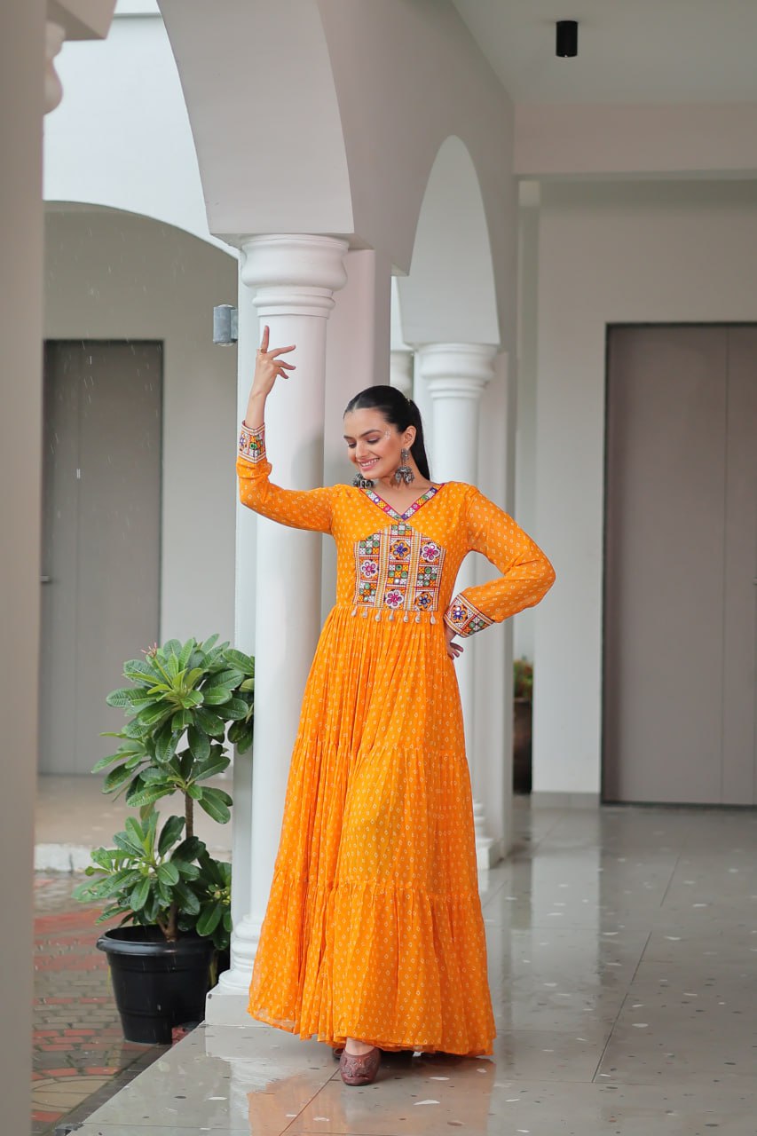 Kaleidoscope Charm: Traditional Bandhani Print Mirror Embroidery Gown