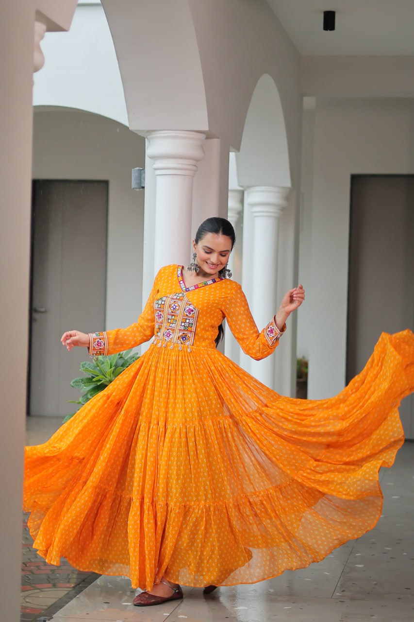 Kaleidoscope Charm: Traditional Bandhani Print Mirror Embroidery Gown