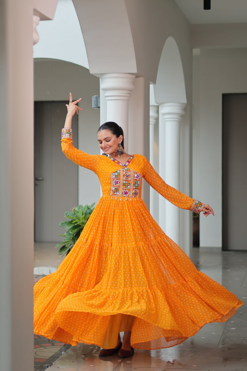Kaleidoscope Charm: Traditional Bandhani Print Mirror Embroidery Gown