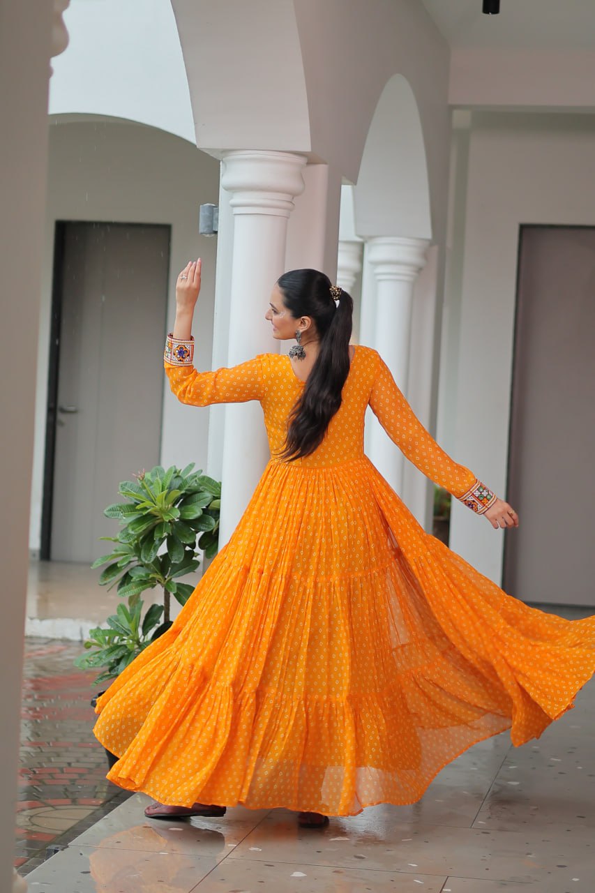 Kaleidoscope Charm: Traditional Bandhani Print Mirror Embroidery Gown