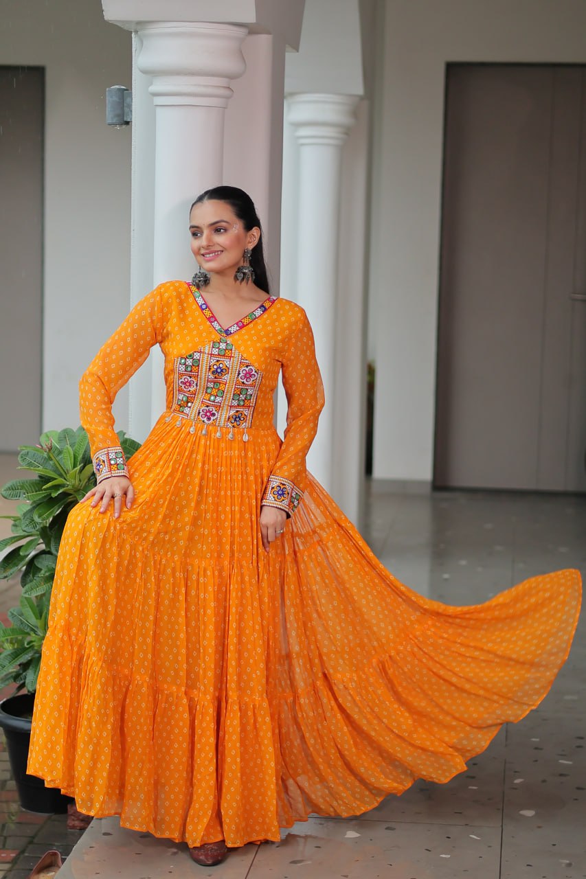 Kaleidoscope Charm: Traditional Bandhani Print Mirror Embroidery Gown