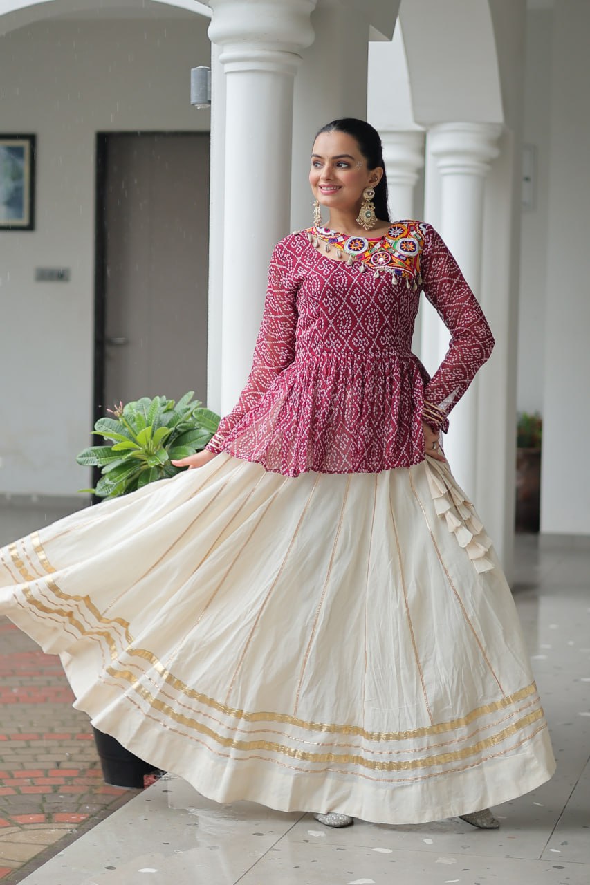 Festive Grace Mirror-Work Peplum Top with Cream Flared Lehenga