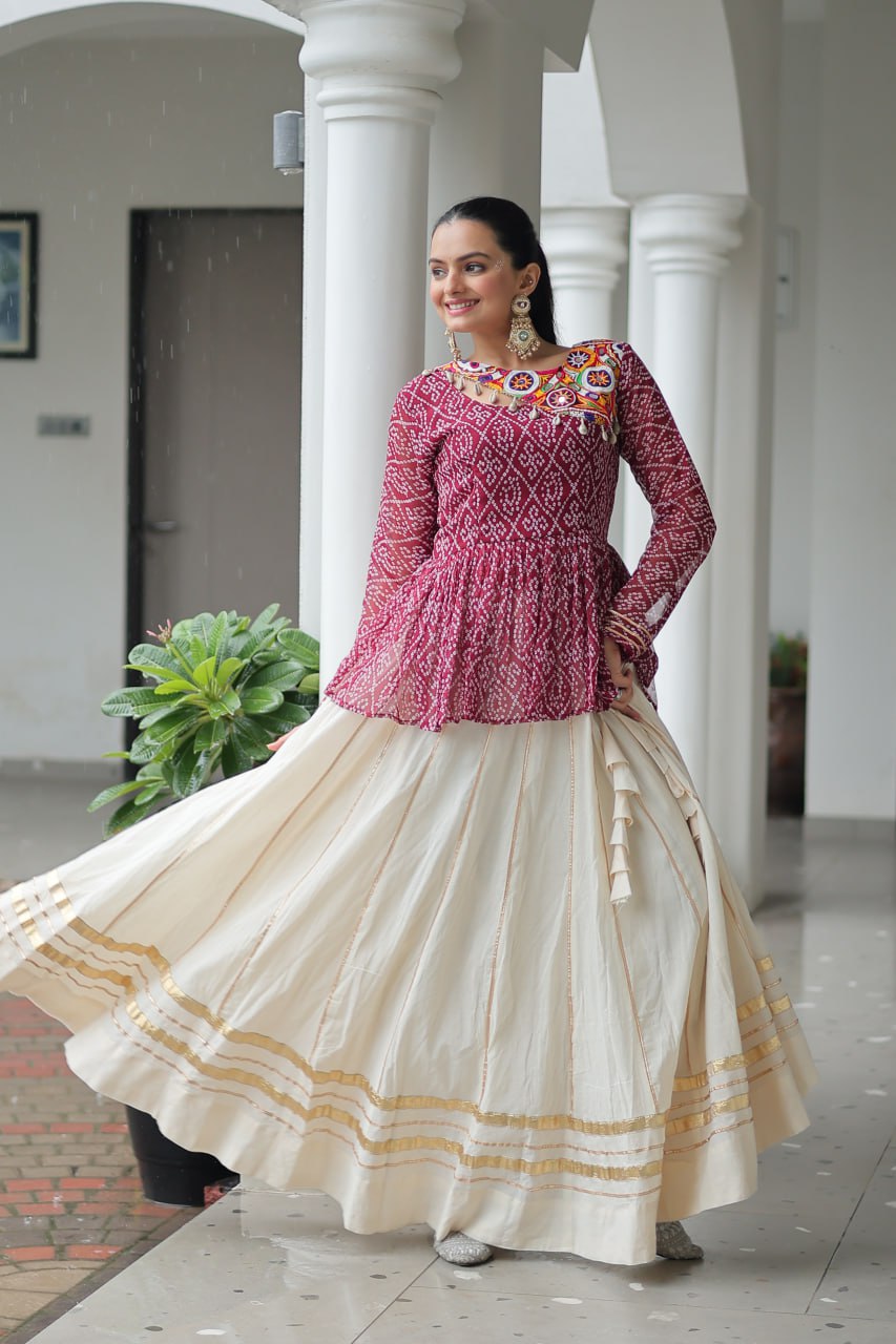 Festive Grace Mirror-Work Peplum Top with Cream Flared Lehenga